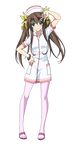  brown_hair eyebrows eyebrows_visible_through_hair full_body green_eyes hair_ribbon hand_on_hip hat highres huang_lingyin infinite_stratos long_hair looking_at_viewer nurse nurse_cap pantyhose pink_legwear ribbon smile solo transparent_background twintails yellow_ribbon 