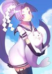  :3 :d animal black_gloves blue_sky blush closed_fan cloud cloudy_sky day dress eyebrows fan folding_fan gloves hair_ornament hair_ribbon hatsuharu_(kantai_collection) headgear hikimayu holding holding_animal kantai_collection long_hair looking_at_viewer open_mouth ponytail purple_eyes purple_hair ribbon sailor_dress seal shiba_nanasei shide short_eyebrows short_sleeves sky smile thighhighs very_long_hair 