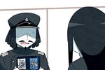  1girl abyssal_admiral_(kantai_collection) admiral_suwabe black_hair black_hat book epaulettes facial_hair goatee hairlocs hat holding holding_book kantai_collection kei-suwabe long_hair manga_(object) military military_hat military_uniform mustache no_eyes open_mouth peaked_cap ru-class_battleship shaded_face shinkaisei-kan surprised sweat sweatdrop trembling uniform 