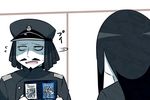  1girl abyssal_admiral_(kantai_collection) admiral_suwabe black_hair black_hat book epaulettes facial_hair flying_sweatdrops goatee hairlocs hat holding holding_book kantai_collection kei-suwabe long_hair looking_away manga_(object) military military_hat military_uniform mustache open_mouth peaked_cap ru-class_battleship shaded_face shinkaisei-kan sweat sweatdrop sweating_profusely translated turning_head uniform 