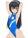  armpits arms_behind_head black_hair blush breasts brown_eyes casual_one-piece_swimsuit cleavage_cutout flat_chest girls_und_panzer groin hairband highleg highleg_swimsuit highres kagemusha navel one-piece_swimsuit reizei_mako sideboob smile solo standing swimsuit 