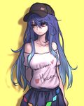  adapted_costume alternate_costume arms_behind_back baseball_cap blue_hair blush breasts clothes_writing contemporary cosplay hat hecatia_lapislazuli hecatia_lapislazuli_(cosplay) hinanawi_tenshi long_hair looking_away medium_breasts miata_(miata8674) miniskirt off-shoulder_shirt parted_lips pose red_eyes shirt skirt solo touhou yellow_background 