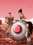  armor black_footwear black_hair boots cape dragon_ball dragon_ball_z facial_hair gloves hand_on_hip koh_(oab71kq3) long_hair male_focus monkey_tail multiple_boys muscle mustache nappa planet raditz scouter space_craft tail vegeta very_long_hair white_gloves wristband younger 