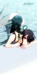  ass black_hair crossdressing drifters fujiwara_riyu full_body hair_over_one_eye hair_ribbon long_hair looking_at_viewer male_focus nasu_no_yoichi one-piece_swimsuit open_mouth otoko_no_ko ponytail pool purple_eyes ribbon smile solo swimsuit water 