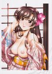  bare_shoulders blush breasts breasts_outside brown_eyes brown_hair glands_of_montgomery hair_ornament hairband highres japanese_clothes kimono large_breasts long_hair long_sleeves looking_at_viewer nipples non-web_source obi original sash smile solo source_request urushihara_satoshi 