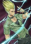  belt blonde_hair chain collarbone commentary earrings electricity fingerless_gloves gloves green_eyes green_shirt jeanne_kongphengta jewelry neck_ring nikaidou_benimaru pointing pointing_up ring shirt standing the_king_of_fighters the_king_of_fighters_xiv thumb_ring watermark web_address zipper 