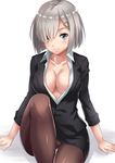  alternate_costume blue_eyes blush breasts brown_legwear buttons cleavage closed_mouth collarbone collared_shirt dress_shirt formal hair_ornament hair_over_one_eye hairclip hamakaze_(kantai_collection) kantai_collection knee_up large_breasts long_sleeves office_lady pantyhose sakiyamama shirt short_hair silver_hair sitting sleeve_cuffs smile solo suit unbuttoned 