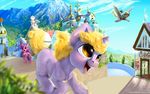  2015 amber_eyes blonde_hair city cloud cutie_mark derpy_hooves_(mlp) dinky_hooves_(mlp) door equine feathered_wings feathers female feral flying friendship_is_magic fur grey_feathers grey_fur group hair horn house landscape mammal mountain my_little_pony nature obpony open_mouth outside pegasus pink_fur running sky smile spread_wings unicorn unknown_character window wings 