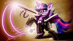  2012 angry armor brown_background clothing dori-to equine female feral friendship_is_magic fur hair hi_res horn magic mammal melee_weapon multicolored_hair my_little_pony purple_eyes purple_fur purple_hair simple_background solo sword twilight_sparkle_(mlp) unicorn weapon 