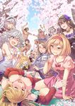  6+girls animal_ears blonde_hair blush brown_hair charlotta_fenia cherry_blossoms djeeta_(granblue_fantasy) drunk erune eugen_(granblue_fantasy) farrah_(granblue_fantasy) fighter_(granblue_fantasy) granblue_fantasy harvin heles highres io_euclase katalina_aryze lamretta multiple_boys multiple_girls nashiru_(kuusou_banana) rackam_(granblue_fantasy) rosetta_(granblue_fantasy) silver_hair vira_lilie 