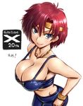  after_war_gundam_x amania_orz blue_eyes bracelet breasts cleavage ennil_el gundam headband jewelry large_breasts necklace red_hair short_hair smile solo 