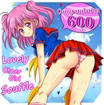  1girl ass bent_over blush breasts confetti from_behind large_breasts long_hair looking_at_viewer original panties pink_hair pom_poms purple_eyes school_uniform shiguko shiny shiny_hair shiny_skin sideboob skirt smile solo striped striped_panties twintails underwear upskirt 