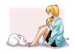  barefoot blonde_hair bunny ellen_baker from_side green_eyes jacket long_hair new_horizon ponpon ponytail shirt simple_background sitting skirt smile 