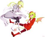  angel_wings aryll_(marbles) bad_id bad_pixiv_id black_legwear blonde_hair blue_eyes blush boots capelet cross cross_necklace demon_girl demon_wings dice_hair_ornament dress froze_(haiiro_teien) full_body glasses green_hair grey_dress haiiro_teien hair_ornament heart heart-shaped_pupils highres horns jewelry long_hair multiple_girls necklace red_eyes semi-rimless_eyewear short_hair sweater sweater_dress symbol-shaped_pupils transparent_background turtleneck twintails wings yosafire 