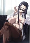  1girl black_hair legs long_hair monster_musume_no_iru_nichijou ms._smith nipples open_shirt pantyhose shirt sitting smile solo sunglasses 