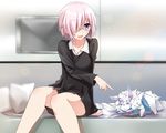  :d :o arm_at_side bare_legs bed bed_sheet black-framed_eyewear blush collarbone creature dust eyebrows eyebrows_visible_through_hair fate/grand_order fate_(series) fou_(fate/grand_order) fur glasses hair_over_one_eye lens_flare long_sleeves mash_kyrielight on_bed open_mouth parted_lips pillow pink_hair pointy_ears poking purple_eyes red_ribbon ribbon screen semi-rimless_eyewear short_hair sitting smile tareme television tsuedzu under-rim_eyewear white_fur 