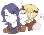  2girls athena_(borderlands) blonde_hair blush borderlands couple female hearts janey_springs multiple_girls purple_hair scarf short_hair white_background yuri 