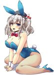  alternate_costume animal_ears arm_support ass bare_shoulders beret bespectacled blue_eyes blue_leotard breasts bunny_ears bunny_tail bunnysuit cleavage detached_collar fake_animal_ears fishnet_pantyhose fishnets glasses hat highres kantai_collection kashima_(kantai_collection) large_breasts leotard long_hair open_mouth pantyhose shinshin silver_hair simple_background solo tail 