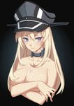  bismarck_(kantai_collection) blonde_hair blue_eyes breasts cleavage cum cum_on_body cum_on_breasts cum_on_upper_body hat heart heart-shaped_pupils kantai_collection large_breasts long_hair military_hat peaked_cap smile solo symbol-shaped_pupils topless wulazula 
