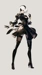  black_dress blindfold boots cleavage_cutout dress full_body gloves high_heels highres mole mole_under_mouth nier_(series) nier_automata official_art puffy_sleeves short_hair silver_hair simple_background solo standing thigh_boots thighhighs yorha_no._2_type_b yoshida_akihiko 