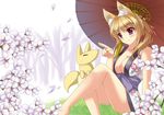  animal animal_ears barefoot blonde_hair blush breasts cleavage dog_days flower fox fox_ears hair_ribbon japanese_clothes kimono large_breasts oriental_umbrella ponytail purple_eyes ribbon sheita short_kimono sitting sleeveless sleeveless_kimono smile umbrella yukikaze_panettone 