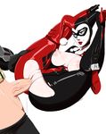  1boy 1girl areolae batman batman:_arkham_knight batman_(series) beauty_mark blue_eyes breasts bruce_wayne clitoris clothed_sex crotch_cutout dc_comics domino_mask harley_quinn high_heels jester_cap leg_hold legs_behind_head lipstick makeup mask nipples pussy sex simple_background thehumancopier vaginal veiny_penis 