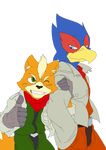  2012 absurd_res anthro avian beak belt bird blinking canine clothed clothing comic cover duo falco_lombardi feathers fluffy fluffy_tail fox fox_mccloud fur furry_tail gloves hi_res jacket looking_at_viewer male male/male mammal nintendo pants pointy_ears quartet_(artist) scarf simple_background smile smug star_fox teeth text thumbs_up translated video_games 