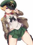  black_legwear blonde_hair breasts erwin_(girls_und_panzer) girls_und_panzer green_skirt groin hat hat_tug jacket kneeling medium_breasts midriff ooarai_school_uniform school_uniform serafuku short_hair skirt smile smirk solo thighs white_background yamaarashi 