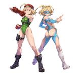  :&lt; antenna_hair armpits ass ass_visible_through_thighs back-to-back bad_id bad_twitter_id bare_legs bare_shoulders belt belt_buckle beret black_footwear blonde_hair blue_leotard boots breasts brown_eyes buckle cammy_white cammy_white_(cosplay) clenched_hand closed_mouth cosplay covered_nipples cross-laced_footwear detached_sleeves djeeta_(granblue_fantasy) domino_mask dual_persona emblem fighting_stance fingerless_gloves fingernails frilled_sleeves frills from_behind full_body gloves granblue_fantasy green_leotard grin groin hand_on_hip hat heart_cutout holster index_finger_raised kamen_rider knee_boots kneepits large_breasts leotard long_sleeves looking_at_viewer mask multiple_girls nurumi outstretched_arm pocket pose rainbow_mika rainbow_mika_(cosplay) red_hat shoelaces short_hair sideboob simple_background skin_tight smile spread_legs standing street_fighter street_fighter_v tareme teeth thigh_holster thigh_strap twintails underbust white_background white_footwear 