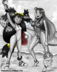  axew beach cartoon_network crossover dc_comics female full_body green_eyes iris_(pokemon) looking_at_viewer monochrome multiple_girls one-piece_swimsuit outdoors pokemon pokemon_(anime) pokemon_bw shoes sky sneakers spot_color standing starfire surfboard swimsuit teen_titans todd_l._milhouse 