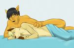  2012 anthro bed black_hair blonde_hair canine duo fur hair kaynine kaynine_(character) lying male mammal navel nude nx-3000 on_side tan_fur 