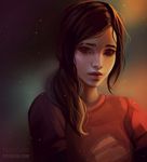  artist_name backlighting bad_deviantart_id bad_id brown_eyes brown_hair closed_mouth ellie_(the_last_of_us) freckles hair_over_shoulder light_smile long_hair long_sleeves looking_at_viewer low_ponytail numyumy red_sweater shade solo sweater the_last_of_us upper_body watermark web_address 