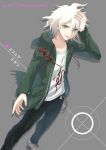  1boy ahoge arm_up bekkourico black_legwear brown_footwear chains collarbone commentary_request danganronpa denim foot_out_of_frame from_side green_hood green_jacket grey_eyes hand_in_hair hood hoodie jacket jeans komaeda_nagito looking_at_viewer open_clothes open_jacket open_mouth pants shirt short_hair smile solo standing super_danganronpa_2 white_hair white_shirt 