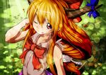  ;p bow brown_eyes eyebrows eyebrows_visible_through_hair flower from_above grass hair_bow hand_in_hair horn horn_ribbon horns ibuki_suika light_rays long_hair looking_at_viewer one_eye_closed oni orange_hair pursechan ribbon shirt sleeveless sleeveless_shirt smile solo sunbeam sunlight tongue tongue_out touhou 