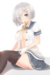  ass black_legwear blue_eyes blue_skirt blush breasts buttons expressionless hair_ornament hair_over_one_eye hairclip hamakaze_(kantai_collection) highres kagerou_(shadowmage) kantai_collection large_breasts looking_at_viewer mouth_hold open_clothes open_shirt pantyhose pantyhose_pull pleated_skirt sailor_collar school_uniform serafuku shiny shiny_skin shirt short_hair short_sleeves simple_background sitting skirt sleeve_cuffs solo thighs unbuttoned underboob undressing white_background white_shirt 