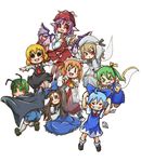  :d ahoge animal_ears antennae ascot bangs black_bow black_cape black_dress black_eyes black_hair black_neckwear blonde_hair blue_bow blue_dress blue_hair blunt_bangs blush_stickers bow bowtie cape chamaji chestnut_mouth cirno commentary_request daiyousei dress fairy_wings green_eyes green_hair grin hair_between_eyes hair_bow hair_ribbon hat headdress ice ice_wings kneehighs long_hair luna_child mary_janes multiple_girls mystia_lorelei necktie open_mouth orange_hair pink_hair pointing puffy_short_sleeves puffy_sleeves red_bow red_eyes red_legwear red_neckwear ribbon rumia shoes short_hair short_sleeves simple_background sitting smile socks star star-shaped_pupils star_sapphire sunny_milk symbol-shaped_pupils team_9 touhou transparent_wings white_background winged_hat wings wriggle_nightbug 