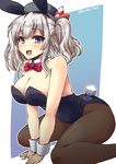  alternate_costume animal_ears arm_support ass bare_shoulders beret black_legwear blue_eyes breasts bunny_ears bunny_tail bunnysuit cleavage detached_collar fake_animal_ears fishnet_pantyhose fishnets hat kantai_collection kashima_(kantai_collection) large_breasts leotard long_hair open_mouth pantyhose shinshin silver_hair sitting smile solo tail twitter_username wariza wavy_hair wrist_cuffs 