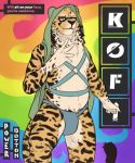  anthro blue_eyes bulge cheetah claws clothed clothing digital_media_(artwork) feline fur harness icecreamdraws jockstrap king_cheetah kofi looking_at_viewer male mammal nipples power_bottom simple_background smile solo spots spotted_fur standing underwear 