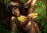  areola_slip areolae armpits artist_name bandaged_arm bandages bare_shoulders breasts brown_hair bush collarbone dandon_fuga dappled_sunlight dark_areolae grass green_eyes head_tilt headband large_breasts leaf lips marvel midriff multicolored_hair navel parted_lips plant rogue_(x-men) shirt solo stomach streaked_hair sunlight torn_clothes torn_shirt upper_body watermark web_address white_hair x-men yellow_shirt 