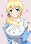  blonde_hair blue_eyes blush breasts ellen_baker heart huge_breasts long_hair looking_at_viewer low_ponytail new_horizon scrunchie smile solo teacher yuguran_(specs) 