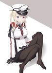  anchor bad_id bad_pixiv_id black_legwear blonde_hair capelet cnm gloves graf_zeppelin_(kantai_collection) hand_on_own_knee hat highres iron_cross kantai_collection long_hair pantyhose peaked_cap pleated_skirt purple_eyes sitting skirt solo twintails 