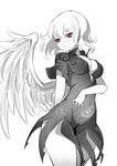  breasts cleavage covered_navel dress greyscale highres hips kishin_sagume large_breasts microdress monochrome pointy_ears raptor7 red_eyes short_dress short_hair simple_background single_wing solo spot_color touhou white_background wide_hips wings 