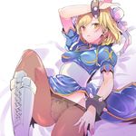  blonde_hair bracelet bun_cover china_dress chinese_clothes chun-li chun-li_(cosplay) cosplay djeeta_(granblue_fantasy) double_bun dress eyeshadow granblue_fantasy groin jewelry makeup panties panties_under_pantyhose pantyhose sash solo spiked_bracelet spikes street_fighter tajima_ryuushi underwear yellow_eyes 