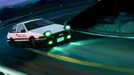  commentary_request drifting dutch_angle ground_vehicle guard_rail headlights highres initial_d m.m_(chosuke320) motor_vehicle nature night no_humans outdoors road toyota toyota_sprinter_trueno 