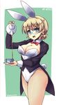  animal_ears bespectacled blonde_hair blue_eyes bow bowtie braid breasts bunny_ears bunny_tail bunnysuit cleavage coattails cup darjeeling detached_collar fishnet_pantyhose fishnets girls_und_panzer glasses jacket large_breasts long_hair open_mouth pantyhose shinshin smile solo standing tail teacup teapot wrist_cuffs 
