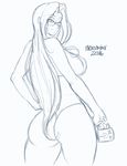  2016 ass bikini coffee_mug cowboy_shot cup dated from_behind hand_on_hip highres long_hair mario_constantino_aviles monochrome monster_musume_no_iru_nichijou ms._smith mug signature sketch solo sunglasses swimsuit traditional_media very_long_hair 