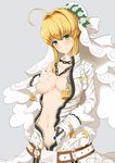  ahoge areola_slip areolae bad_id bad_pixiv_id belt blonde_hair blush bodysuit breast_hold breasts center_opening chain collarbone fate/extra fate/extra_ccc fate_(series) fedsnk flower full-length_zipper gloves grabbing green_eyes grey_background highres large_breasts lock looking_at_viewer navel nero_claudius_(bride)_(fate) nero_claudius_(fate)_(all) off_shoulder padlock self_fondle simple_background smile solo unzipped veil white_bodysuit zipper 