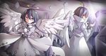  adjusting_clothes adjusting_gloves ahoge alela_grora angel_wings back-to-back black_hair bow bowtie collared_shirt crossed_arms dress gloves grey_hair haiiro_teien halo highres long_coat long_hair nano_(mianhua_maoqiu) pale_skin shirt short_hair twintails wings wodahs younger 