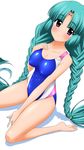  absurdres braid canal_vorfeed competition_swimsuit green_hair highres long_hair lost_universe one-piece_swimsuit purple_eyes solo sugimura_tomokazu swimsuit twin_braids twintails 