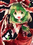  black_background dress frilled_dress frills green_hair hair_ornament hair_ribbon kagiyama_hina long_hair nikorashi-ka open_mouth red_dress ribbon simple_background solo teeth touhou 